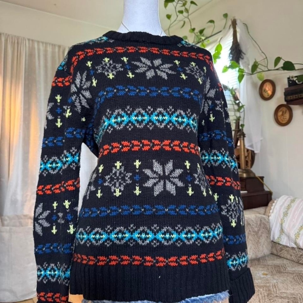American Eagle Outfitters Mens Fair Isle Snowflake Sweater Black Multi Size L